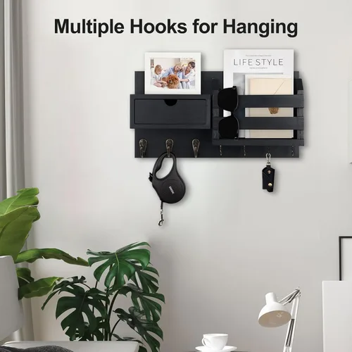 Vista 4 de Lwenki Organizador de llaves y correo de pared con cajón de almacenamiento, 100% madera de Paulownia, 7 ganchos de metal, decoración del hogar
