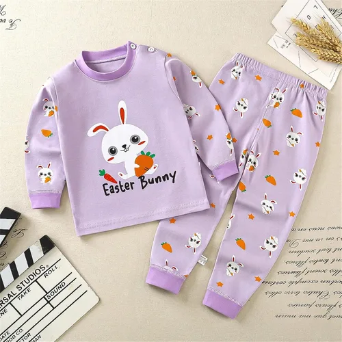 Vista 2 de TBUIALL Conjunto de pijama de manga larga para niños y niñas recién nacidos, camiseta de dibujos animados y pantalones, conjunto de pijama de 2