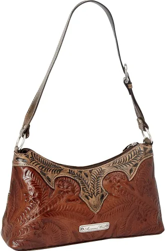 Vista 5 de American West Hand Tooled Handcrafted 100% Genuine Leather Zip-Top Shoulder Bag Desert Wildflower Collection Western Marrón