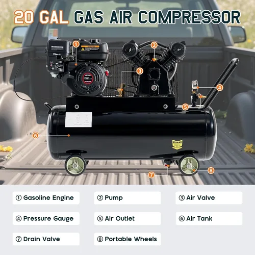Vista 6 de Compresor de aire de gas Albott 6.5HP, tanque horizontal portátil de 20 galones 196cc Loncin Engine Max 115 PSI Presión Portátil Rueda Diseño