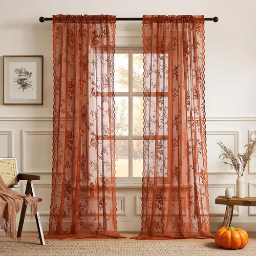 Vista 59 de Cortinas de encaje beige, juego de 2 paneles de cortinas traslúcidas con bolsillo para cortinero, decoración de ventana pequeña, baño, sótano