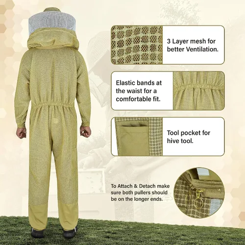 Vista 5 de 3-Layer Ultra Ventilated Mesh Beekeeping Suit for Men & Women with Veil Sting-Proof Bee Suit with Leather Gloves & Bag