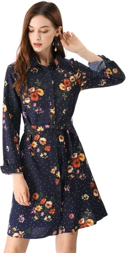 Vista 2 de Allegra K Vestido vintage de lunares con botones para mujer cuello y cinturón