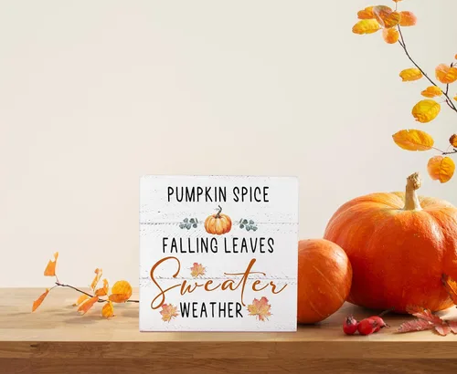 Vista 2 de Mtrgdn Decoraciones de otoño para el hogar, diseño rústico de calabaza con hojas que caen y hojas que caen, letrero de caja de madera, decoración