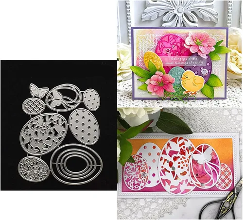 Vista 7 de Juego de 7 piezas de huevos de Pascua troquelados de metal, diseño de flores, mariposas, huevos, marco, plantillas de troqueles de corte