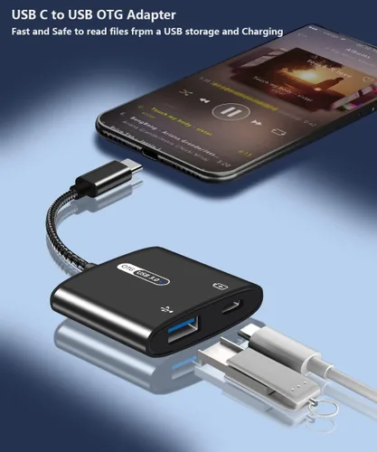 Vista 3 de Adaptador USB C OTG con alimentación, 2 en 1 USB C a USB hembra con adaptador de carga PD de 60 W compatible con iPhone 17/16/15, iPad Pro/Air 6