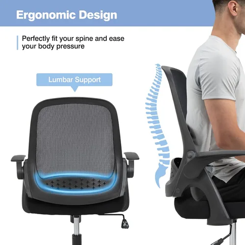 Vista 8 de Giantex Silla ergonómica de malla con respaldo medio para computadora, soporte lumbar, reposabrazos abatibles, silla giratoria de altura ajustable