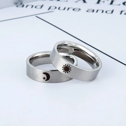 Vista 3 de XAHH - Anillos de sol y luna con estrella, para parejas, 2 piezas de acero inoxidable, color plateado, de compromiso, boda