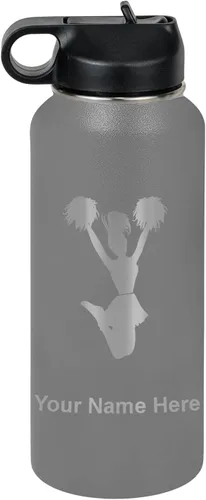 Vista 57 de LaserGram Botella de agua con tapa abatible de doble pared de 12 onzas con pajita, animadora, grabado personalizado incluido (negro)