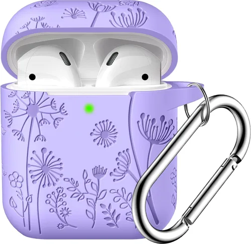 Vista 16 de Lerobo - Funda con grabado de flores para carcasa de AirPod, protector de silicona suave y elegante con llavero compatible con carcasa de carga
