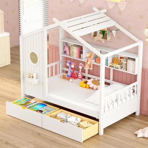 Vista 30 de Cama de casa con tienda y estantería, 2 cajones, carga USB Espresso-tt