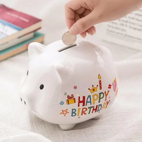 Vista 3 de Alcancía, alcancía decorativa de cerámica para adultos y niños para apreciar un bonito banco de dinero para niños y niñas (azul, blanco, rosa)