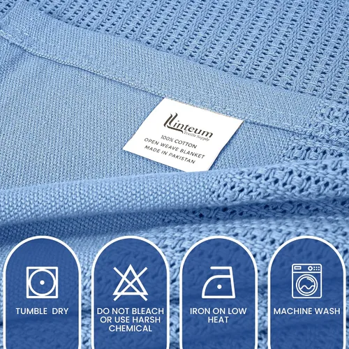 Vista 6 de Linteum Textile Supply Manta de tejido leno azul, tamaño Queen 100% algodón, ligera, cálida, esponjosa, suave y duradera, manta de cama premium