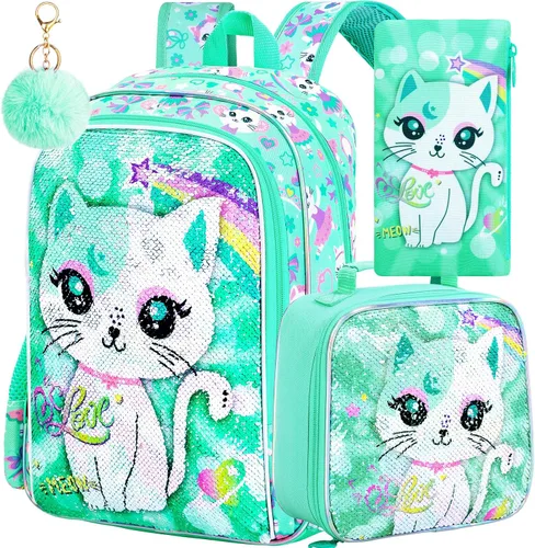 Vista 15 de KLFVB 3 mochilas de sirena de unicornio para niñas, bolsa de libros y lonchera de lentejuelas de 16 pulgadas, mochilas preescolares para primaria