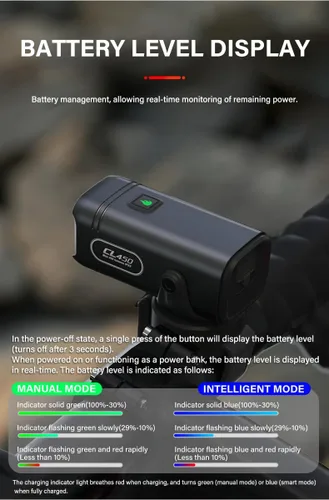 Vista 7 de TOWILD CL450 Luces de bicicleta para conducción nocturna, 450 lúmenes, USB-C recargable, aleación de aluminio, IPX6 impermeable