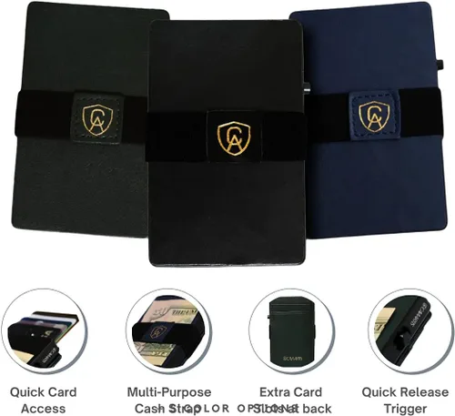 Vista 6 de Cartera delgada de diseño Cuero auténtico premium Protección RFID inteligente Minimalista Tarjetas inteligentes de liberación rápida, Azul