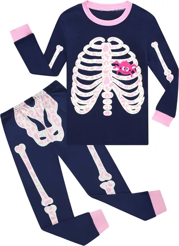 Vista 3 de Family Feeling - Conjunto de pijama para niños pequeños, 100% algodón, manga larga Negro/Esqueleto/Golw-in-the-dark