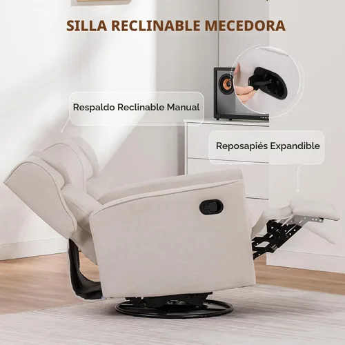 Vista 4 de COMHOMA - Silla mecedora tapizada en tela para cuarto de bebé, giratoria, reclinable, manual, para sala de estar, dormitorio u oficinas (marfil)