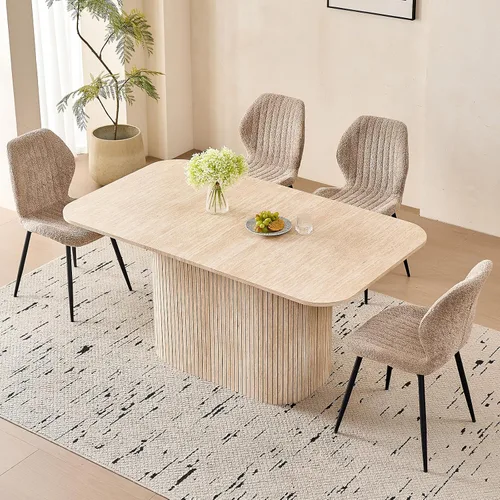 Vista 6 de Mesa de comedor de 63 pulgadas para 4 personas, esquinas redondeadas, base de pedestal a rayas, mesa rectangular moderna de granja, color beige