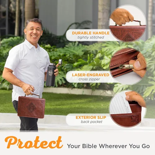 Vista 5 de Christian Art Gifts Funda clásica para biblia para hombres, nombres de Dios, Éxodo 34:6, cuero sintético marrón, mediano