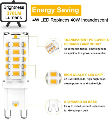 Vista 4 de Bombilla LED G9 de 4 W 40 W equivalente a halógeno, blanco cálido 3000 K, 370 LM, forma T4 G9 Bi Pin bombillas de base de cerámica para candelabro