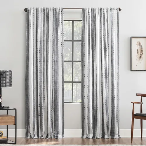 Vista 14 de Archaeo Cenefa de cortina de algodón a rayas con textura Slub, 52 x 14 pulgadas, negro/blanco