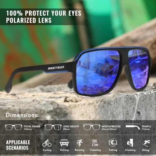 Vista 4 de MEETSUN Gafas de sol polarizadas para hombres y mujeres, protección UV400, aviador, clásica, conducción, Lente de espejo azul marco negro