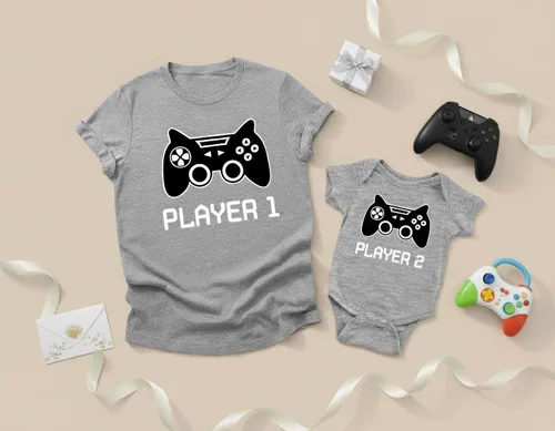 Vista 6 de Tstars Player 1 & Player 2 - Conjuntos a juego para papá y bebé Divertido juego de camiseta de jugador para el día del padre y nuevos papás