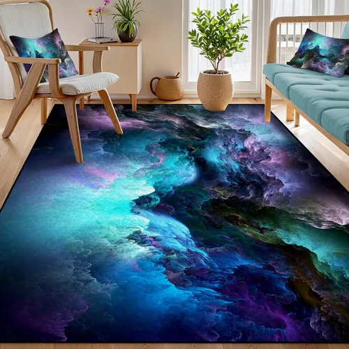 Vista 17 de Alfombra galaxia de 2 x 3 pies para habitación de niños, alfombra de cielo estrellado de pelo bajo, antideslizante, lavable, alfombra nebulosa
