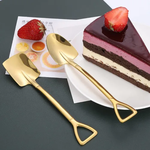 Vista 6 de Cucharas con forma de pala dorada, 2 cucharas de acero inoxidable, mango largo, café, helado, cucharadita para el hogar, cocina, restaurante, fiesta