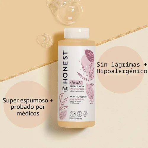 Vista 2 de The Honest Company Baño Espumoso de Burbujas, Suave para Bebé, De Origen Natural, Sin Lágrimas, Hipoalergénico, Nutrición de Almendra Dulce, 12 fl oz