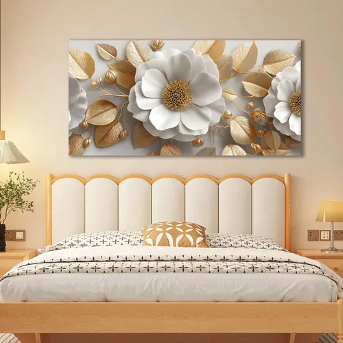 Vista 6 de Tarfupth Lienzo floral para pared de sala de estar, flores doradas y blancas, obra de arte botánica grande para dormitorio, oficina, decoración