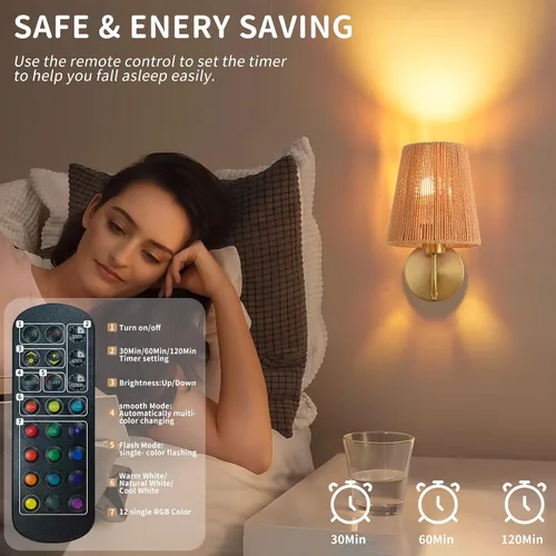 Vista 7 de Juego de 2 apliques de pared bohemios que funcionan con pilas, con pantalla de ratán dorado, luces de pared inalámbricas con bombillas recargables