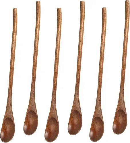 Vista 10 de Operitacx 4 cucharas de madera, cucharas de mezcla de madera de mango largo a granel, cucharas de té largas para cuchara de miel, mezcla, agitar
