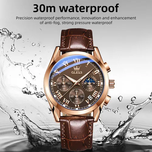 Vista 7 de OLEVS Relojes para hombre, correa de cuero, reloj analógico de cuarzo, reloj impermeable con esfera grande de moda, relojes luminosos de lujo