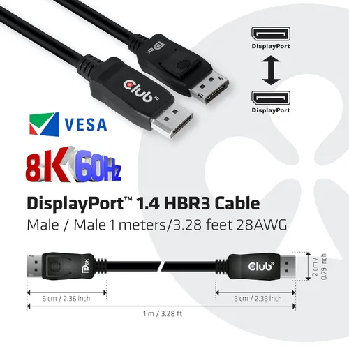 Vista 3 de Club3D CAC-2067 VESA Certificado DisplayPort a DisplayPort 1.4/Hbr3 M/M Cable DP 1.4 8K 60Hz 1m - 3,28ft