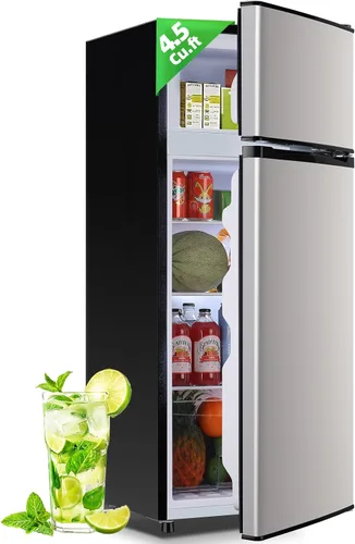 Vista 14 de DEMULELR - Mini refrigerador pequeño de 4.5 pies cúbicos con congelador, mini refrigerador negro de dos puertas con cajón para verduras y espacio