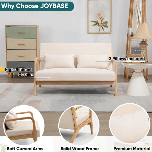 Vista 4 de JOYBASE Sofá biplaza pequeño de 45.7 pulgadas de ancho, sofá biplaza moderno de mediados de siglo con reposabrazos para sala de estar, espacio Beige