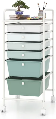 Vista 23 de COSTWAY Carrito de almacenamiento rodante con 4 cajones, carrito de almacenamiento de plástico y organizador con 4 cajones extraíbles, carrito