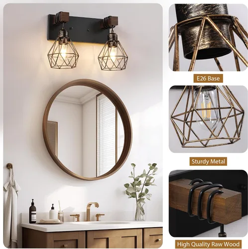 Vista 3 de Lámpara de tocador estilo casa de campo para baño, luminarias de tocador de baño de 2 luces negra dorada de madera sobre espejo, apliques rústicos
