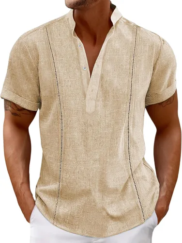 Vista 4 de Camisa de guayabera cubana para hombre, camisa polo de manga corta para hombre, con botones, color liso, camiseta transpirable para playa y verano