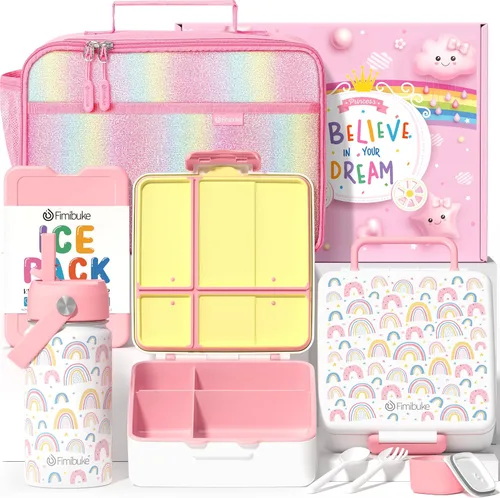 Vista 10 de Fimibuke Lonchera Bento para Niños con 4 Compartimentos, Bolsa de Almuerzo Aislada, Botella de Agua Aislada de Acero Inoxidable, Paquete de Hielo