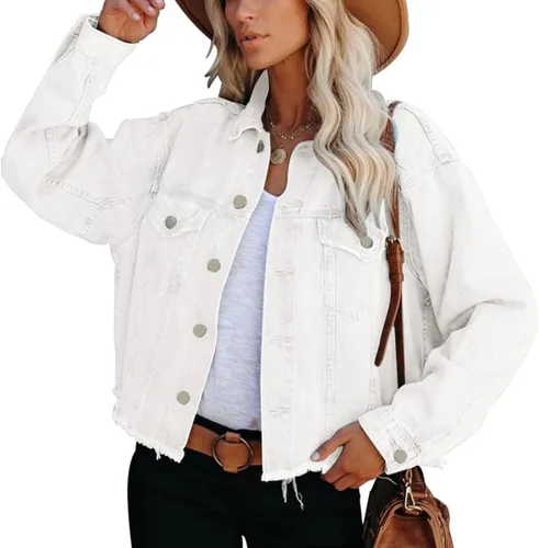 Vista 4 de Jayscreate Chaqueta de mezclilla ligera de gran tamaño con bolsillos para mujer