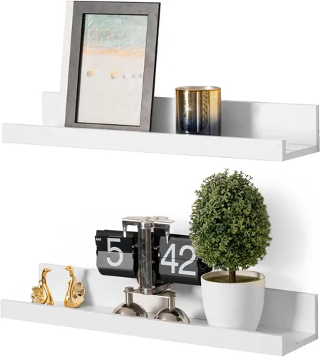 Vista 11 de Muzilife Estantes Flotantes de Pared Pequeños de 12" con Borde - Juego de 2 Estantes Flotantes de Madera - Repisa Negra Montada en Pared
