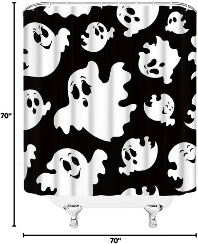 Vista 8 de Bonita cortina de ducha de Halloween, espeluznante y divertida, iconos de fantasmas, arte en blanco y negro, tela de poliéster, juego de decoración