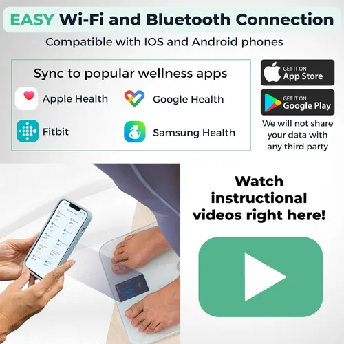 Vista 4 de Báscula de peso corporal digital inteligente de alta calidad, 4 electrodos, 25 + métricas, recargable, WiFi y Bluetooth, análisis de cuerpo