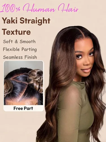 Vista 3 de UNICE Peluca balayage marrón con encaje frontal de 13 x 4 pulgadas, cabello humano Yaki lacio, pretodo, sin pegamento, precortadas, nudos