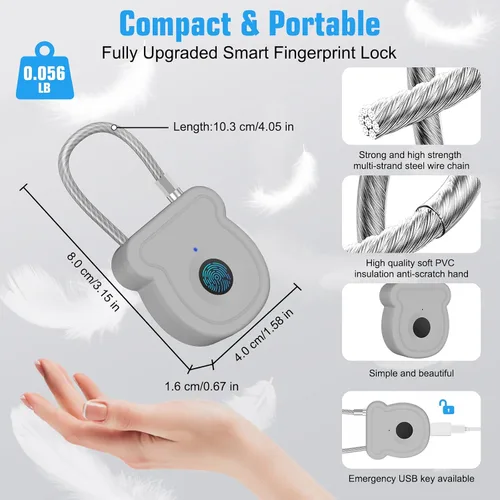 Vista 5 de Candado inteligente de huellas dactilares para equipaje, capacidad de 20 usuarios, llave USB y código de emergencia, cerradura biométrica sin llave
