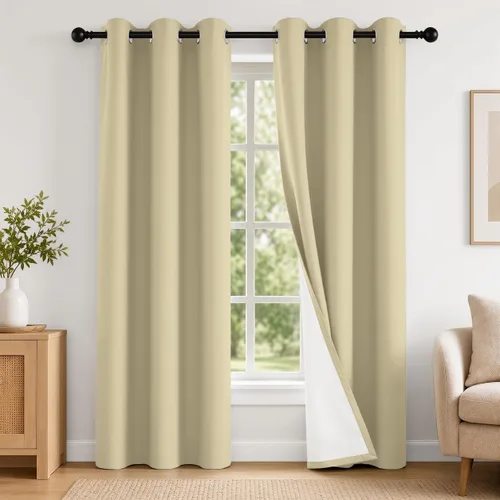 Vista 23 de 2 paneles de cortinas 100% opacas, de peso medio, con aislamiento térmico y ojales para dormitorio, sala de estar, tratamiento de ventana