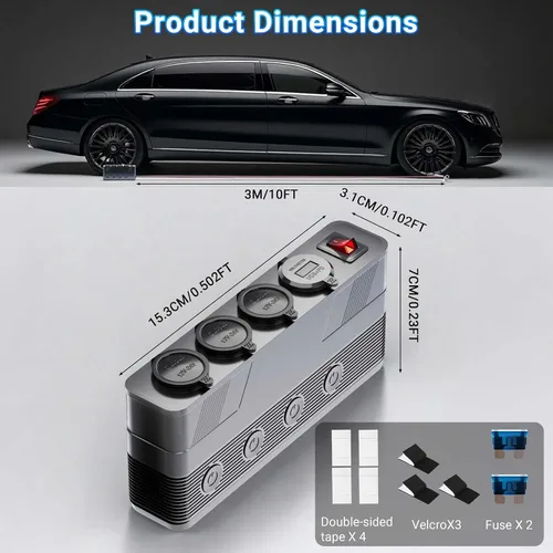 Vista 6 de Divisor de enchufe de encendedor de cigarrillos de 12V: toma de corriente de 180W 15A de 3 enchufes con 4 puertos USB PD66W QC18W - Divisor